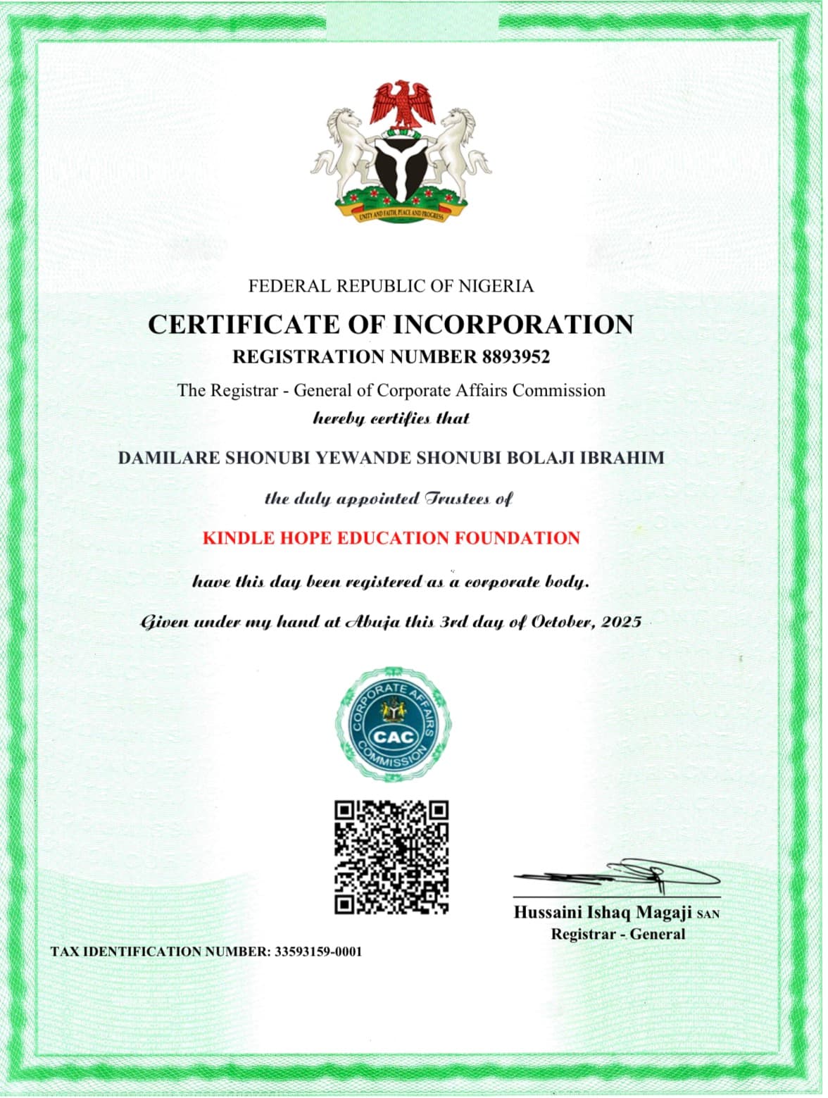 Certificate of Incorporation